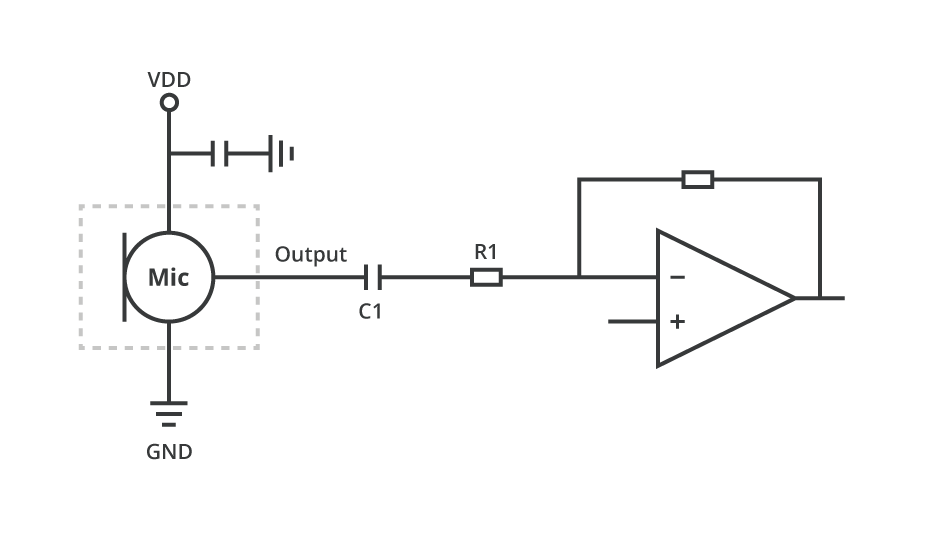 アナログ出力のMEMSマイクロフォンの外部アンプへの接続を示した図